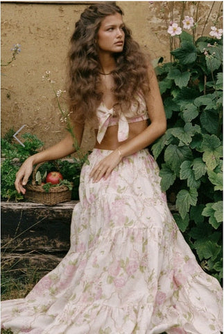 Sonicelife   Indie Folk Bohemian Vintage Floral Print Camisole Tanl And High Waist Midi SkirtsTops Sets Women