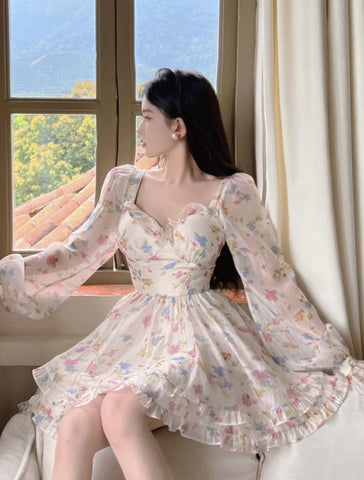 Sonicelife Kawaii Aesthetic Soft Girl Pastel Floral Sweetheart Neckline Dress