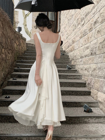 Sonicelife   French Elegant Ruffles White Midi Dresses Summer New Evening Party Women Clothes Fashion Sundress Birthday Ladies Dresses