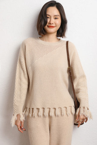 Sonicelife 2024 Autumn and Winter New Women's Tassel Short Round Neck Pullover Hollow Cashmere Sweater