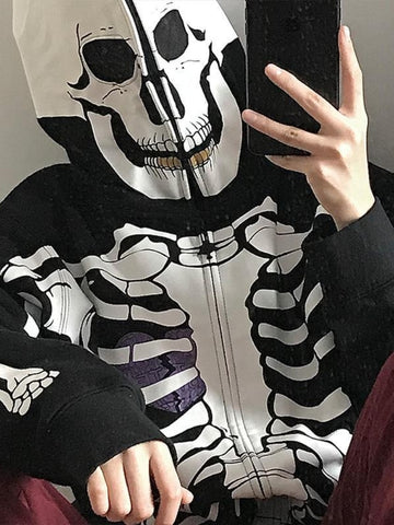 Black Friday Sonicelife Y2K Gothic Zip Up Hoodies Women Punk Oversized Skull Skeleton Print Sweatshirts Black Hip Hop Loose Tops Jacket Grunge