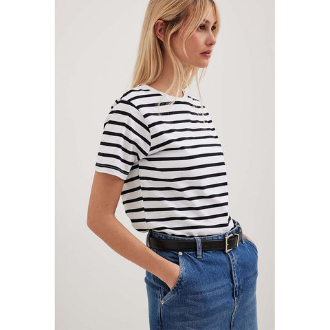 Sonicelife Early Autumn New Cross border European and American Versatile Simple Loose Cotton Round Neck Stripe Short Sleeve