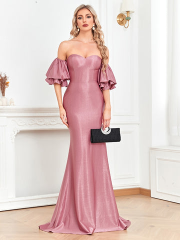 Sonicelife New Women Satin Dress Long Prom Mermaid Dress 2024 Off-shoulders Pink Evening Dresses  Party Cocktail Maxi Dress