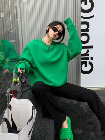 Black Friday Sonicelife Korean Fashion Green Oversize Pullover Sweatshirt Women Harajuku Long Sleeve Solid Hoodies Female Streetwear Top Spring