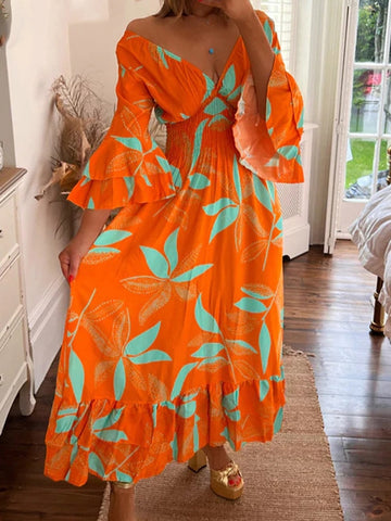 Sonicelife   Backless Flare Sleeve Boho Sundress Fashion Hollow Out A-Line Long Beach Dress Summer 2023 Women Maxi Print Cover-Ups Robe