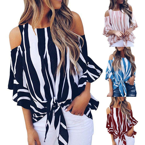 Sonicelife Back to school outfit Sonicelife  Women Chiffon Blouses Summer  Off Shoulder Ruffles Half Sleeve O-Neck Tops Tees Fashion Elegant Bowknot Striped Shirt 5XL