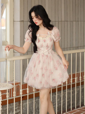 Sonicelife Japanese Fashion Coquette Dollette Soft Girl Aesthetic Floral Dress with Pearl Buttons