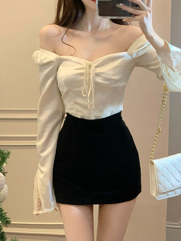 Graduation Gift 2023 Spring Long Sleeve Elegant Satin Blouse Women Slim Square Neck Y2k Clothing Korean Fashion Casual Shirts Office Lady Tops