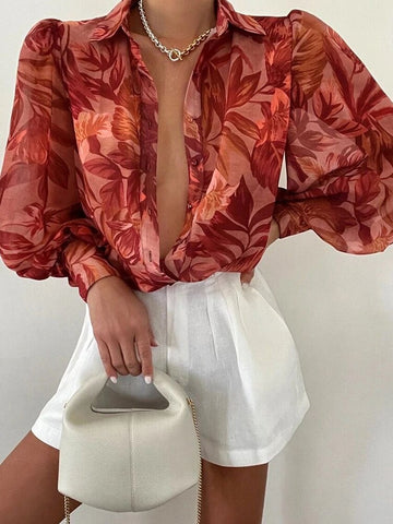 Sonicelife  Fashion Retro Spring Lantern Sleeve Blouses Shirts Women Elegant Turn-Down Collar Tops  Single Breasted Cardigan Print Blusa