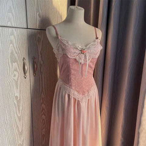 Sonicelife Floral Vintage Elegant Strap Dress Women Lace France Sexy Evening Party Long Dresses Pink Sweet Princess Fairy Dress Summer