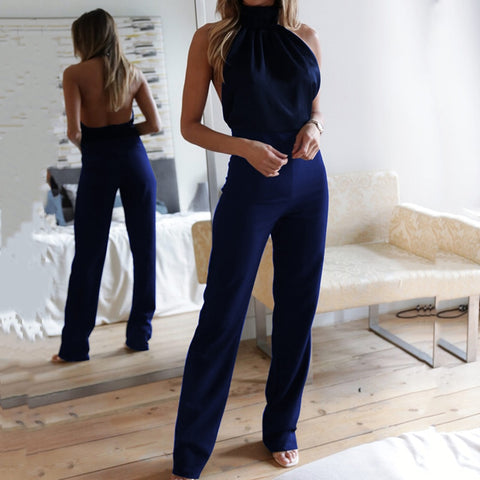 Sonicelife  Fashion High Street Slim Playsuits Ladies  Backless Turtleneck Evening Jumpsuits Women Elegant Solid Color Trousers Rompers