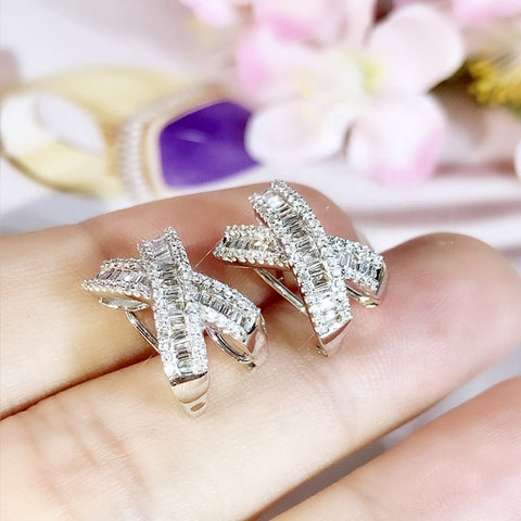 Fancy X Shaped Stud Earrings with Dazzling White Cubic Zirconia Luxury Earrings for Women Wedding Party Statement Jewelry