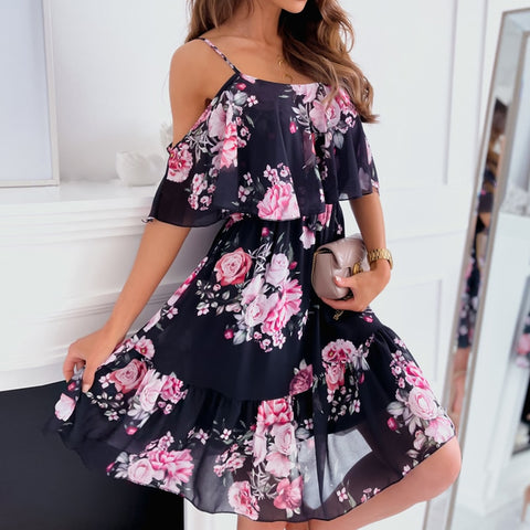 Sonicelife Back to school outfit Sonicelife  Woman  Strap Floral Print Dress 2023 Summer Fashion Off Shoulder Party Mini Dresses Ladies Casual Boho Beach Dress Vestidos