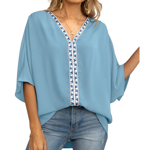 Sonicelife  Women Chiffon Blouses 2023 V Neck Bat Short Sleeve Summer Autumn Pullover Patchwork Solid Tops Green Blue Casual Blouse