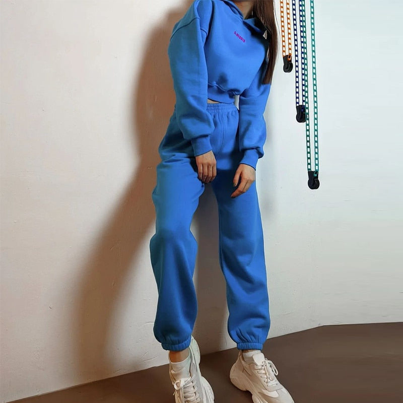 Sonicelife  Fashion High Street Letter Hoodies + Elastic Waist Pocket Sweatpants Autumn Winter Fleece Women Tracksuits Solid Two Piece Sets