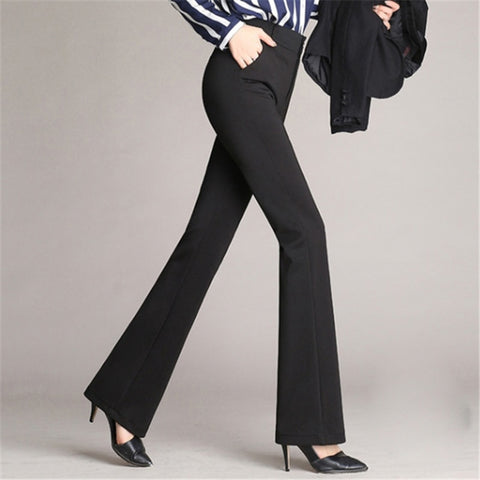 Sonicelife  Women Suit Pants Solid Long Trousers Plus Size High Waist Zipper Fly Button Casual Office Lady Navy Blue Boot Cut Pants