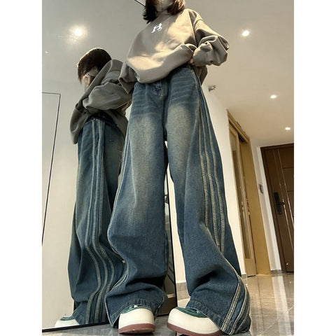 Sonicelife 2024 Autumn New Fall Outfits Fashion Side Stripe Design Micro Flared Jeans Women Winter High Waist Loose Slim Wide Leg Jeans Female Ins Trend