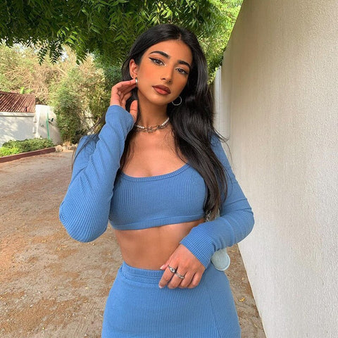 Sonicelife 2024 Spring Autumn Women Solid Slim Dress Sets Casual Fashion Women's Suit with Long Sleeve Pullover Crop Top & Split Skirt