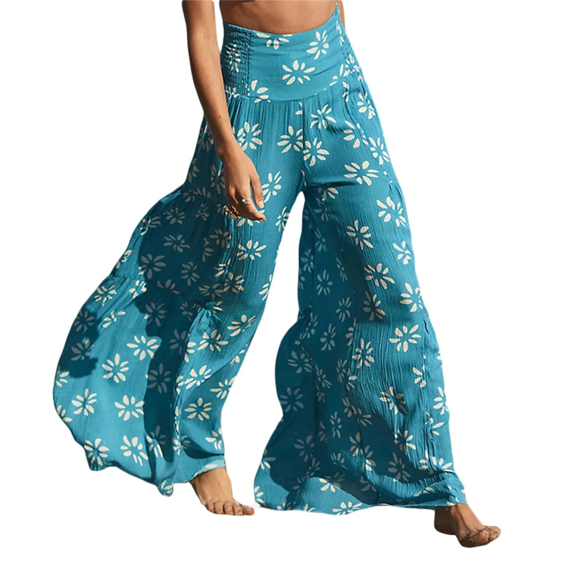 Sonicelife 2024 Women Fashion Floral Printed Pants High Waist Casual Loose Flared Wide Leg Straight Printing Holioday Beach Trousers