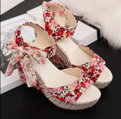 Sonicelife  Women Sandals Dot Bowknot Design Platform Wedge Female Casual High Increas Shoes Ladies Fashion Ankle Strap Open Toe Sandals