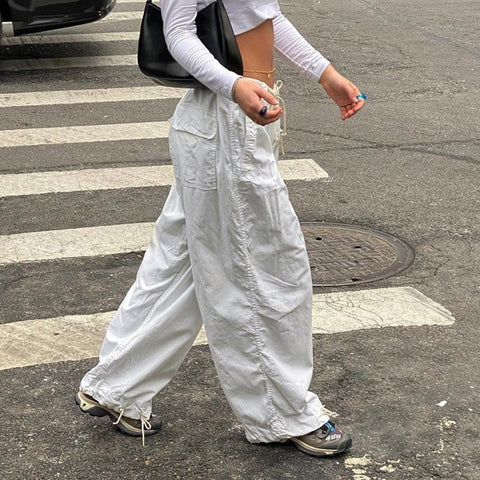 Sonicelife  Hippie Y2K Cargo Pants Women Low Waist Sweatpant Drawstring Pockets Baggy Wide Leg Trousers Korean Vintage White Parachute Pants