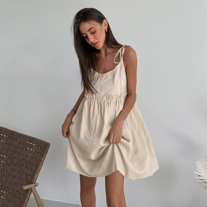 Cotton and Linen Lace Up Women Dress Sleeveless Sling  Loose Casual Summer Dress High Waist Fashion 2023 New Style