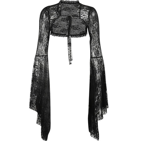 Sonicelife Halloween Vintage Gothic  Black Lace T-shirt Women Streetwear Flare Sleeve See Through  Smock  Top Elegant Aesthetic Cropped Tops