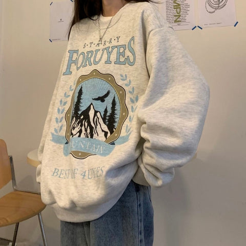Sonicelife  Vintage Crewneck Sweatshirt Streetwear Letter Print Grey Oversize Hoodies Women Harajuku Korean Style Pullover Tops