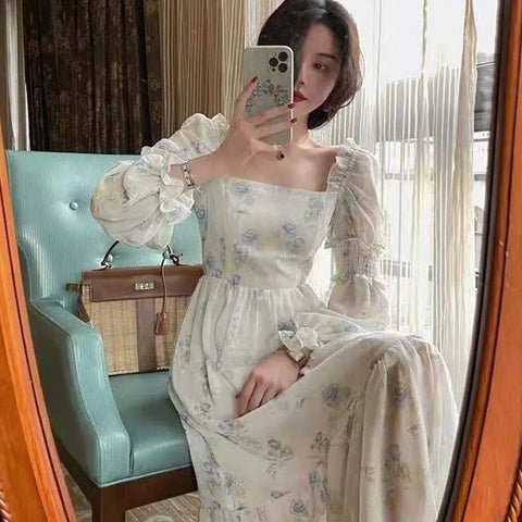 Sonicelife   Korea One Piece Dress Fairy Floral Midi Dress Women Puff Sleeve Elegant Vintage Dress Female Party Dress Office Lady Summer