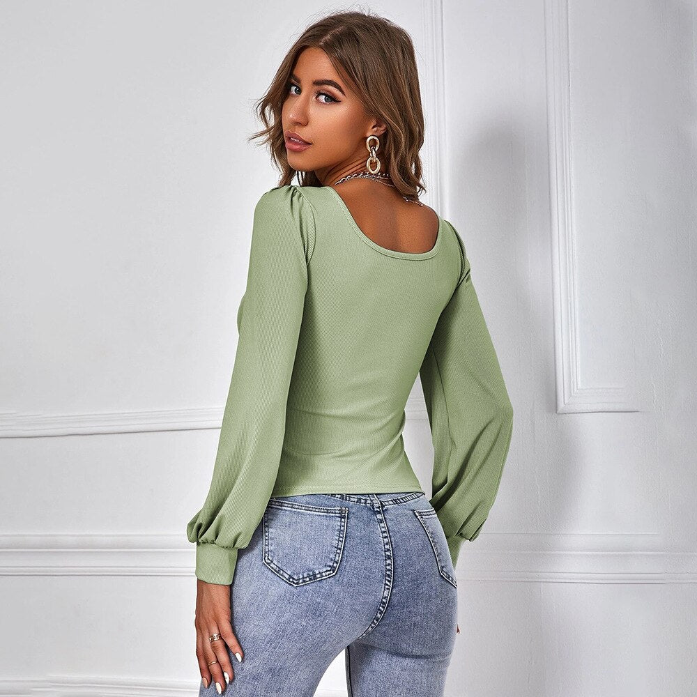 Graduation Dress Sonicelife Office Lady Solid Knitted T-shirt 2024 Autumn Avocado Green Casual T-shirt Square Neck Long Puff Sleeve Tops Fashion Office Wear