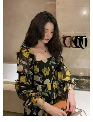 Sonicelife   Korea One Piece Dress Fairy Floral Midi Dress Women Puff Sleeve Elegant Vintage Dress Female Party Dress Office Lady Summer