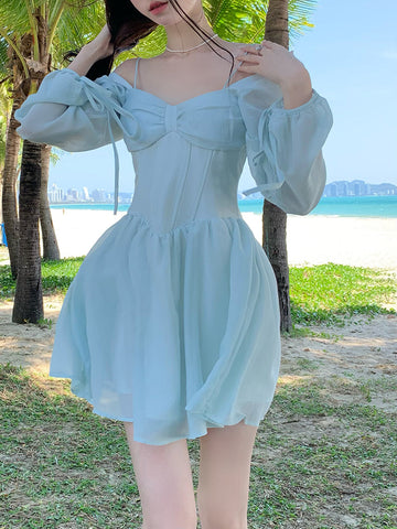 Sonicelife hoco dresses  Long Sleeve Dress Female Blue Sweet A-Line Summer High Waist Vintage Slim Fairy Dress Princess Dress Sundress Beachwear Holiday Fairy Dress