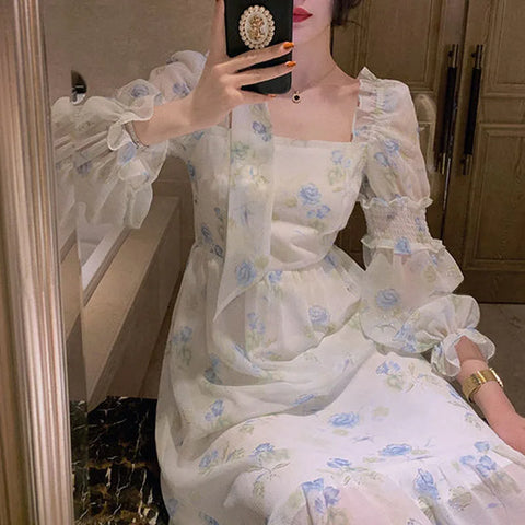 Sonicelife   Korea One Piece Dress Fairy Floral Midi Dress Women Puff Sleeve Elegant Vintage Dress Female Party Dress Office Lady Summer