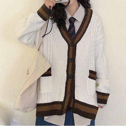 Sonicelife Korean Style Sweater Knitted Cardigan Women Vintage Patchwork Oversize Jumper Women Preppy Fashion V-Neck Pocket Jacket