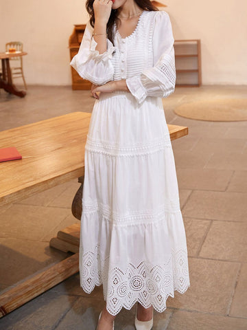 Sonicelife-Lace Elegant Women's Dress Spring Hollow Button V Neck Lantern Sleeve White Long Dresses Boho Casual Holiday Vestidos