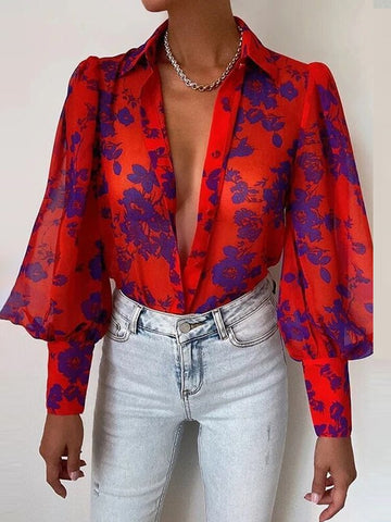 Sonicelife  Fashion Retro Spring Lantern Sleeve Blouses Shirts Women Elegant Turn-Down Collar Tops  Single Breasted Cardigan Print Blusa