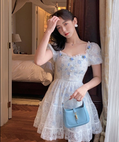 Sonicelife hoco dresses   Floral Lace Korean Sweet Dress Women France Vintage Elegant Party Mini Dresses Female Print Casual Beach Boho Fairy Dress Summer