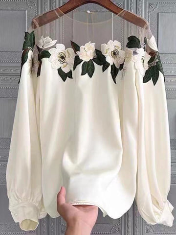 Sonicelife Women's Satin Shirt 2023 Spring Summer New Chic and Elegant Tops Transparent Mesh Embroidered Flower Blouses Off White Clothing