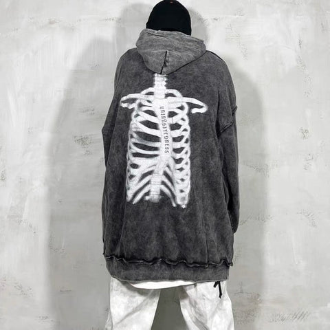 Sonicelife  Gothic Streetwear Skeleton Print Oversize Grey Hoddie Women Punk Harajuku Vintage Sweatshirt Female Mall Goth Tops