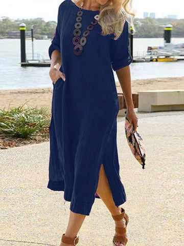 Sonicelife  Casual Pocket Long Sleeve Loose Slit Beach Dresses 2022 Harajuku Breathable Cover-Ups Vintage Women Solid Cotton Linen Sundress