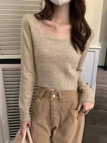 Sonicelife Women Crop Knit Sweater New Knitted Sweater Pullover Long Sleeve Slim Fit Tops Korean Style Winter Women‘s Clothing 2024