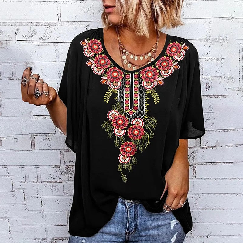 Sonicelife  Ethnic Print Tee Shirts Blue Women Tops 2024 Spring Summer Black O Neck Ruffles Half Sleeve Vintage Casual Loose Tshirt