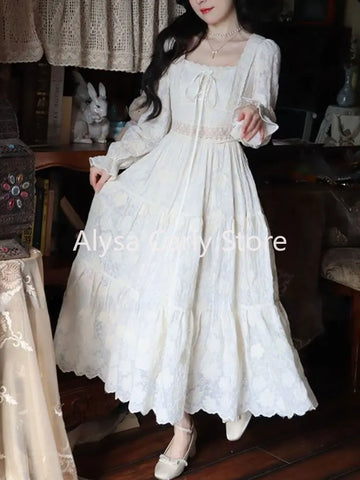 Sonicelife  Elegant Vintage Fairy Dress Women Summer Long Sleeve Casual Princess Dress Female Court Retro Even Party Dress Korean Style
