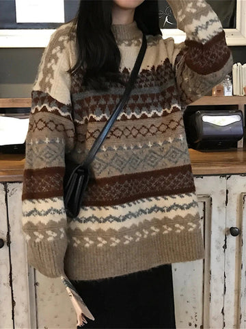Sonicelife Vintage Sweater O-neck Pullover Women's Winter Tops Korean Style Long Sleeve Oversized Knit Jumpers Women Winter Clothing 2024