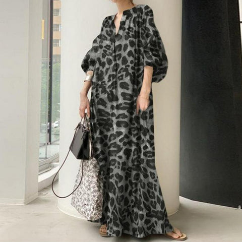 Sonicelife Early Autumn New Japanese and Korean New Leopard Print Standing Neck Bubble Sleeve Fashion Loose Casual Bohemian Shirt Dress