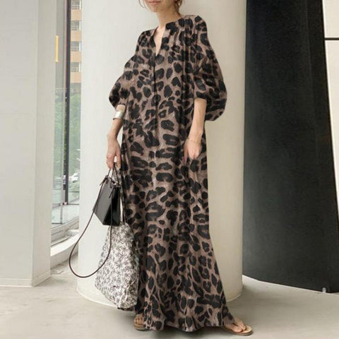 Sonicelife Early Autumn New Japanese and Korean New Leopard Print Standing Neck Bubble Sleeve Fashion Loose Casual Bohemian Shirt Dress