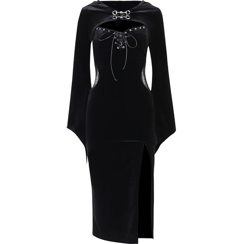 Sonicelife Halloween Gothic Long Dress Suit With Hat See Through Velvet Lace Cutout High Slit Long Sleeve Button Lace-up Party Smock Dresses