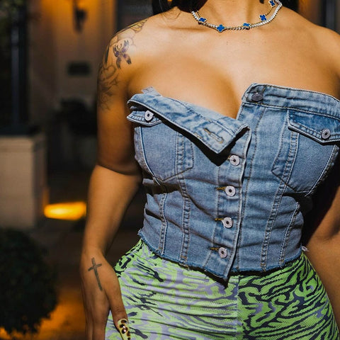 Sonicelife Denim Blue Corset Crop Top Women Sleeveless Off Shoulder Sexy Bottom Up Tube Tank Top Summer Streetwear Y2k Club Vintage