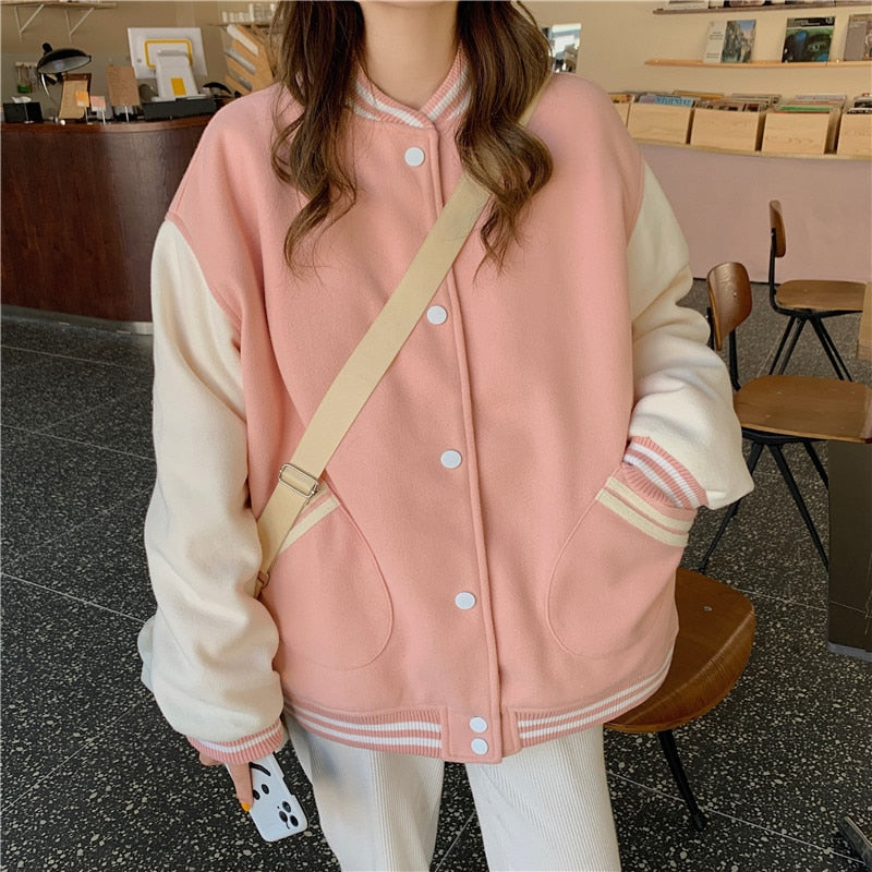 Sonicelife Autumn Women Baseball Jacket Harajuku Casual Loose Pocket Printed Korean Oversize Bomber Sweatshirt Uniform Streetwear Tops