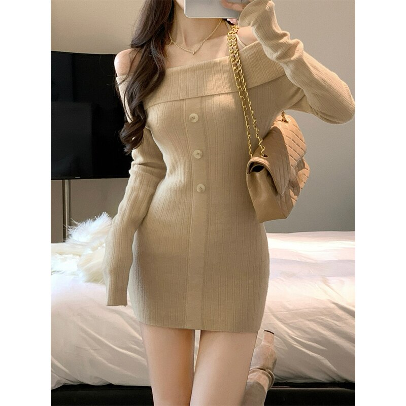 Sonicelife hoco dresses Graduation Gift Winter Off Shoulder Sweater Dress Women Elegant Bodycon Y2k Mini Dress Female Outwear One Piece Dress Korean Fashion Autumn